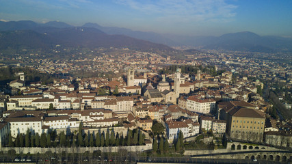 Aerial shooting with drone on Bergamo, famous and ancient Lombardia city, founded on the hills