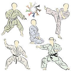 Asian martial arts vector image isolated on white background. Minimalistic black sign set for karate, wushu, aikido. Fight technique realistic silhouettes for logo, icon or web apps. Steps of belts.