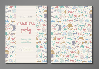 Carnival Party card - multicoloured two sided invitation. Vector.