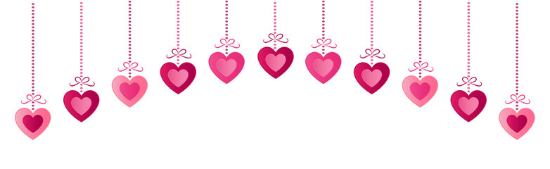 Panoramic header with shiny hanging hearts. Valentine's Day, Mother's Day or Women's Day. Vector.