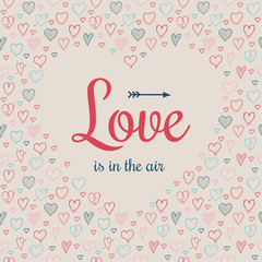 Background with sketchy hearts and greeting for Valentine's Day. Vector.