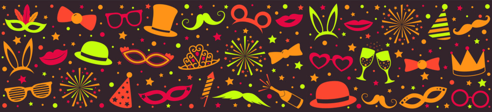 Panoramic banner with multicoloured party icons - carnival, photo booth and birthday party. Vector.