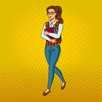 Nerd Student Girl Pop Art Vector Illustration