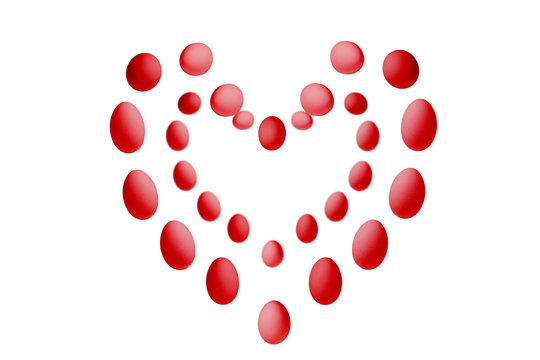 Many red eggs in the form of Valentine's heart  on a white background. Isolated heart. Postcard 