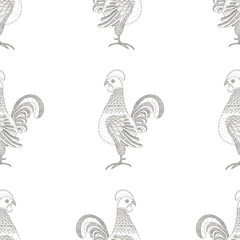 Vector seamless pattern. Rooster ornaments. Decorative line art 