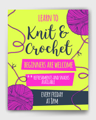 Vector yarn balls  with long thread and knot mock up for knit and crochet classes poster or advertisement. Hand drawn illustration for brochure, poster or cover design. Made using clipping mask - 189216784