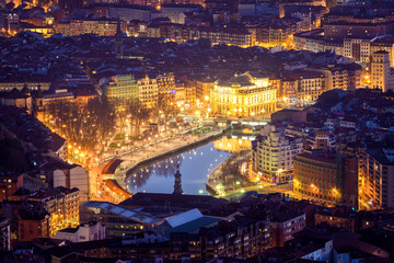 panoramic view of Bilbao at dusk, Spain