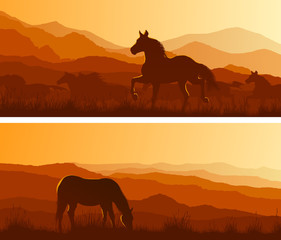 Fototapeta na wymiar Horizontal wide banners of horses grazing in meadows.