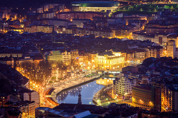 panoramic view of Bilbao at dusk, Spain