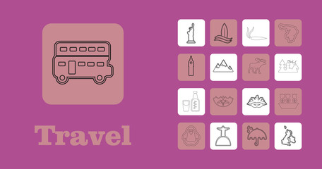 Travel Line Icons for Web and Mobile. Thin line icons. on purple