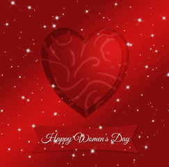 Fototapeta na wymiar On a shaded red background, a red heart with a pattern on it, Happy Women's Day lettering and stars