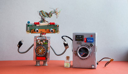 Robot automation laundry room. Silver washing machine, gray wall interior, red floor. Funny toys...