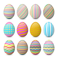 Realistic vector set of colorful, painted and decorated Easter eggs isolated on the white background.
