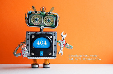 404 error page not found. Serviceman robot hand wrench pliers on orange background. Text message...