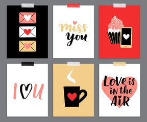 Set of cute romantic templates. Collection of flat illustrations with heart, gift, cupcake, flower, envelope. Modern colors vector design.