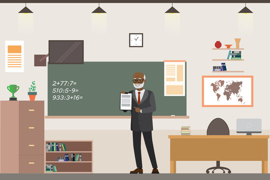 Cartoon african american male teacher in school classroom interior