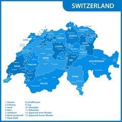 The detailed map of the Switzerland with regions or states and cities, capitals