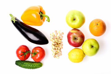 Fish oil, fruits and vegetables isolated on white background.