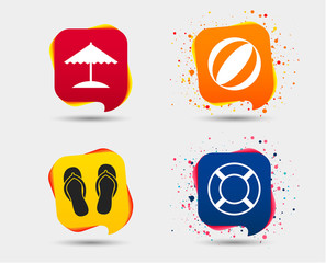 Beach holidays icons. Ball, umbrella and flip-flops sandals signs. Lifebuoy symbol. Speech bubbles or chat symbols. Colored elements. Vector