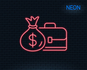 Neon light. Business case line icon. Portfolio and Salary symbol. Diplomat with Money bag sign. Glowing graphic design. Brick wall. Vector