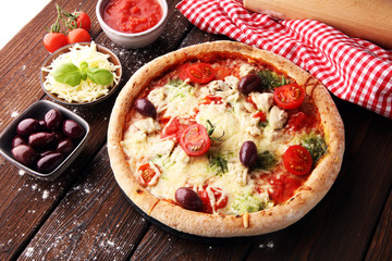 pizza with cheese fresh baked pizza coming out of the oven