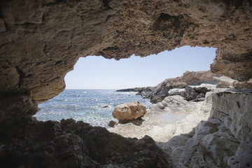 Mediterranean sea landscape. Sea cave. Paphos, Cyprus.