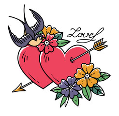 Tattoo art. Two hearts pierced by arrow. Tattoo hearts with flower and Swallow. Love. Old school tattoo. Valentines Day
