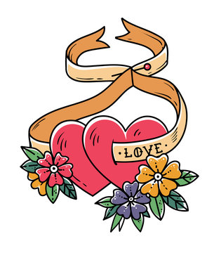 Two loving hearts on tied with ribbon. Tattoo design.Tattoo hearts in flowers. Ribbon with lettering Love.Valentines Day