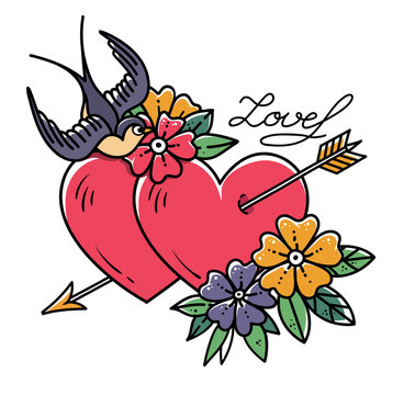 Naklejki Tattoo art. Two hearts pierced by arrow. Tattoo hearts with flower and Swallow. Love. Old school tattoo. Valentines Day
