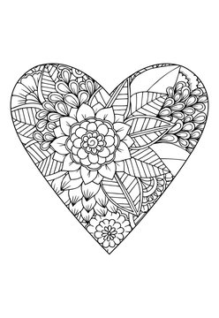 Coloring book style.Valentine's day theme. Heart with flower pattern. Vector white and black drawn for coloring book.
