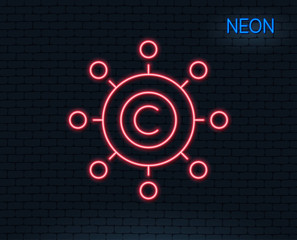 Neon light. Copywriting network line icon. Copyright sign. Content networking symbol. Glowing graphic design. Brick wall. Vector