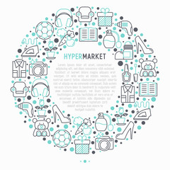 Hypermarket concept in circle with thin line icons: apparel, sport equipment, electronics, perfumery, cosmetics, toys, food, appliances. Modern vector illustration for print media, web page template.