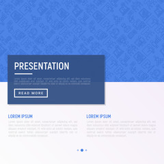 Presentation concept with thin line icons: seminar, human at tribune, meeting, projector, audience, video call, conference, discussion. Modern vector illustration for banner, print media, web page.