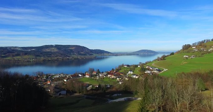 AERIAL view of Attersee lake,  Attersee, Upper Austria, Austria