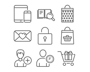 Set of Lock, Add person and Valentine icons. Mobile devices, Search book and Online buying signs. Shopping bag, Time management and Shopping cart symbols. Private locker. Edit user data. Love letter
