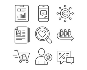 Set of Cv documents, Queue and User idea icons. Shopping cart, Copywriting network and Report document signs. Search love, Message and Discounts symbols. Portfolio files, People waiting, Light bulb