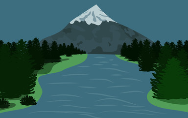 Landscape with mountain and forest. Flowing river through the pine forest