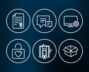 Set of Monitor settings, Comment and Elevator icons. Wedding locker, Attachment and Opened box signs. Service cogwheel, Talk bubbles, Lift. Valentines day, Attach file, Shipping parcel. Vector