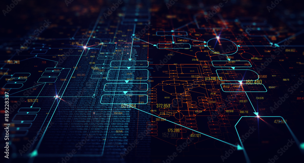 Poster Block chain network/Blockchain network concept , Distributed register technology , Block chain text and computer connection with blue background