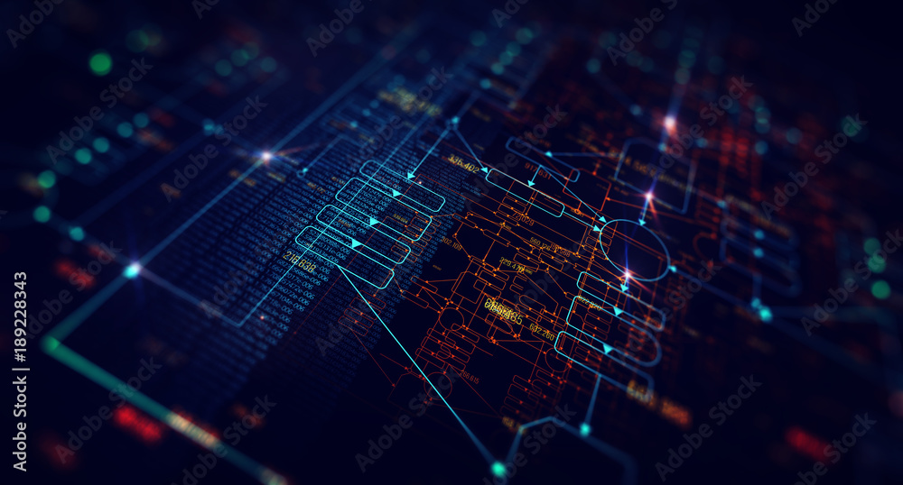 Poster Block chain network/Blockchain network concept , Distributed register technology , Block chain text and computer connection with blue background