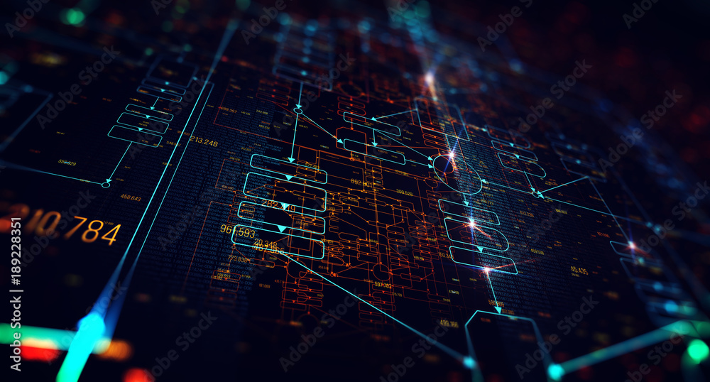 Poster Block chain network/Blockchain network concept , Distributed register technology , Block chain text and computer connection with blue background
