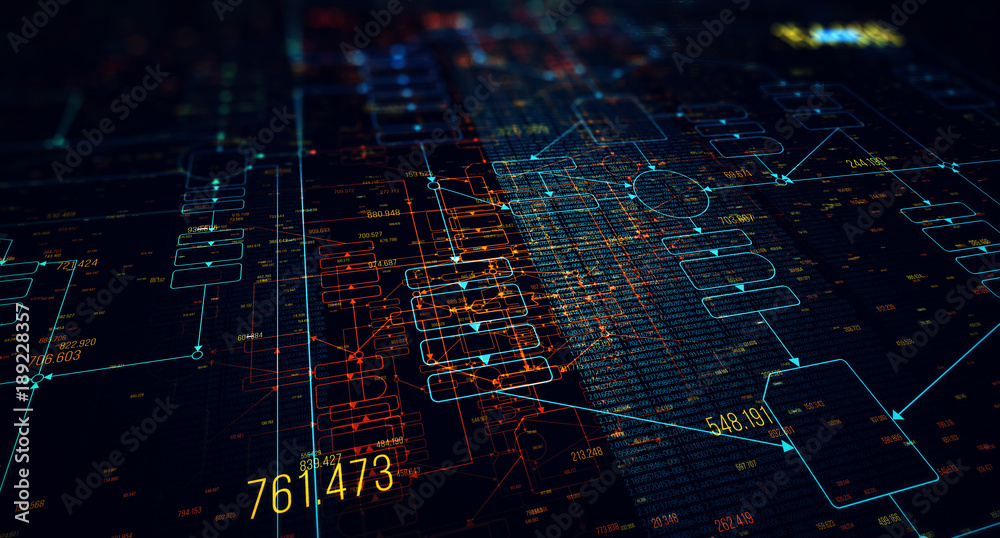 Poster Block chain network/Blockchain network concept , Distributed register technology , Block chain text and computer connection with blue background