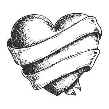 Hand drawn heart with ribbon, black and white draft sketch isolated on white background. Vintage vector etching illustration.