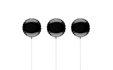 Three black metallized foil balloons on a white background. 3d render illustration