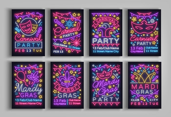 Mardi Gras, Carnival collection of posters design a template in a neon style. Set neon signs, brochure, invitation to a party card, bright advertising fat Tuesday. Flyer, banner. Vector illustration - obrazy, fototapety, plakaty