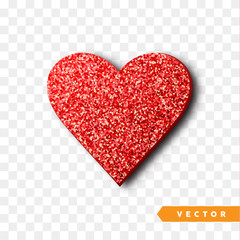 Valentines Day heart isolated, transparent vector effect background. Festive decorations bright glitter   placer. Holiday love decor illustration. Beautiful design element