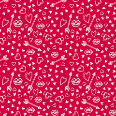 Vector seamless pattern in sketch style for Valentine's Day. Arrows, kiss, lips, hearts. Valentine's day, wedding, love, romantic events. Doodle style seamless vector pattern.