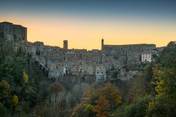 Obraz premium Tuscany, Sorano medieval village panorama sunset. Italy