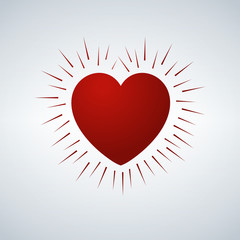 Heart icon. Love symbol. Valentine s Day sign. Vector. Red icon on white with rays. Isolated