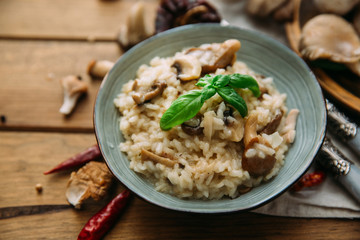 Mushroom risotto, with champignons on a dark rustic texture